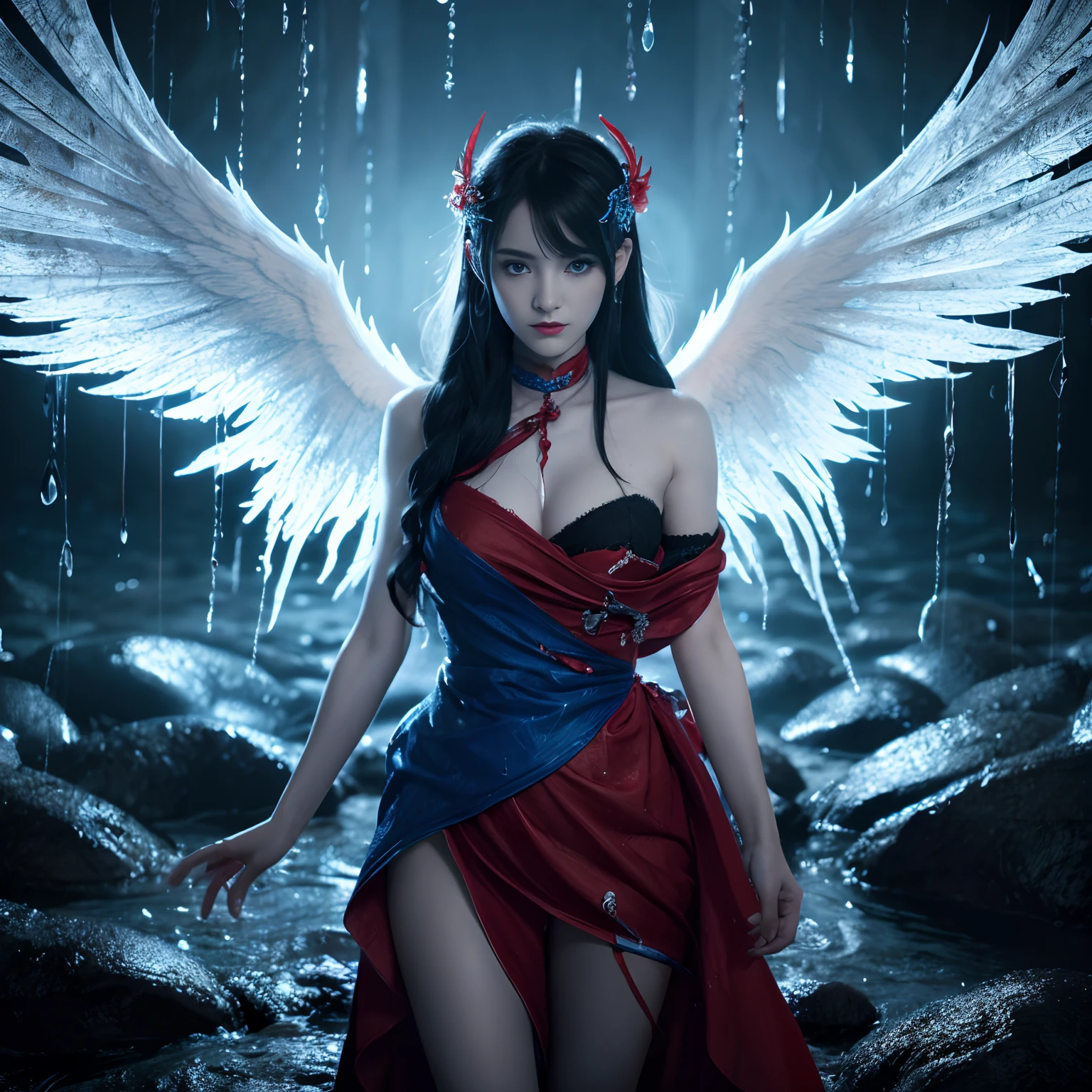 Black and white and blue and red,(Best Quality, Ultra-detailed, High resolution, extremely details CG),Wide Shot,angelicales,She is so beautiful,She likes blood and the sea,Bloody Rain, Mystical,cultist, Convoluted, Surreal,Delicate
