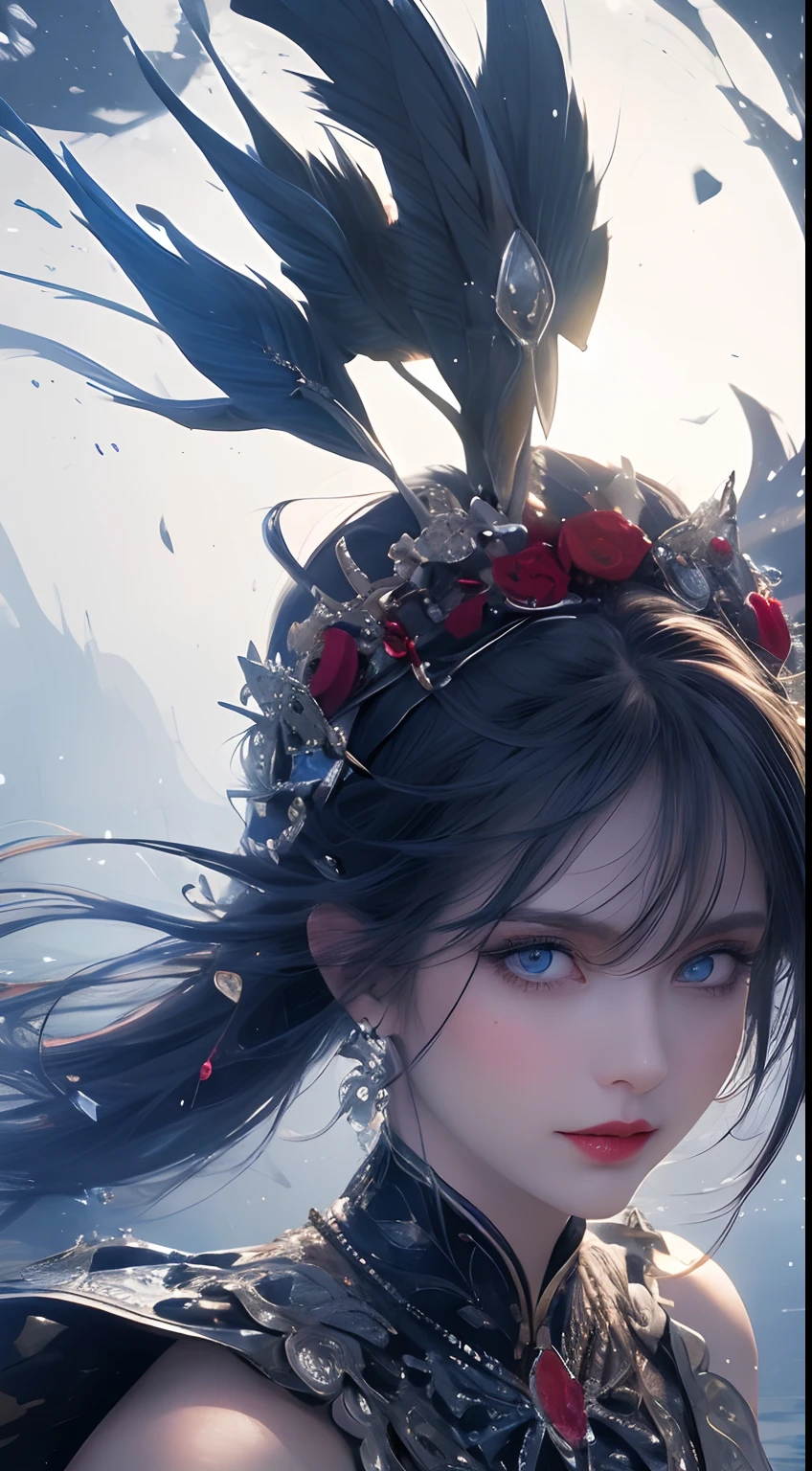 A beautiful woman face close up, seductive look, sharp face, blue eyes,red lips, Majestic artistic look,water pouring on her face, ultradetailed, perfect composition