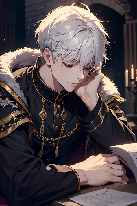 1male, calm, age 35 face, short messy with bangs, white hair, asleep, royalty, prince, black clothes, in a castle, close up, med...