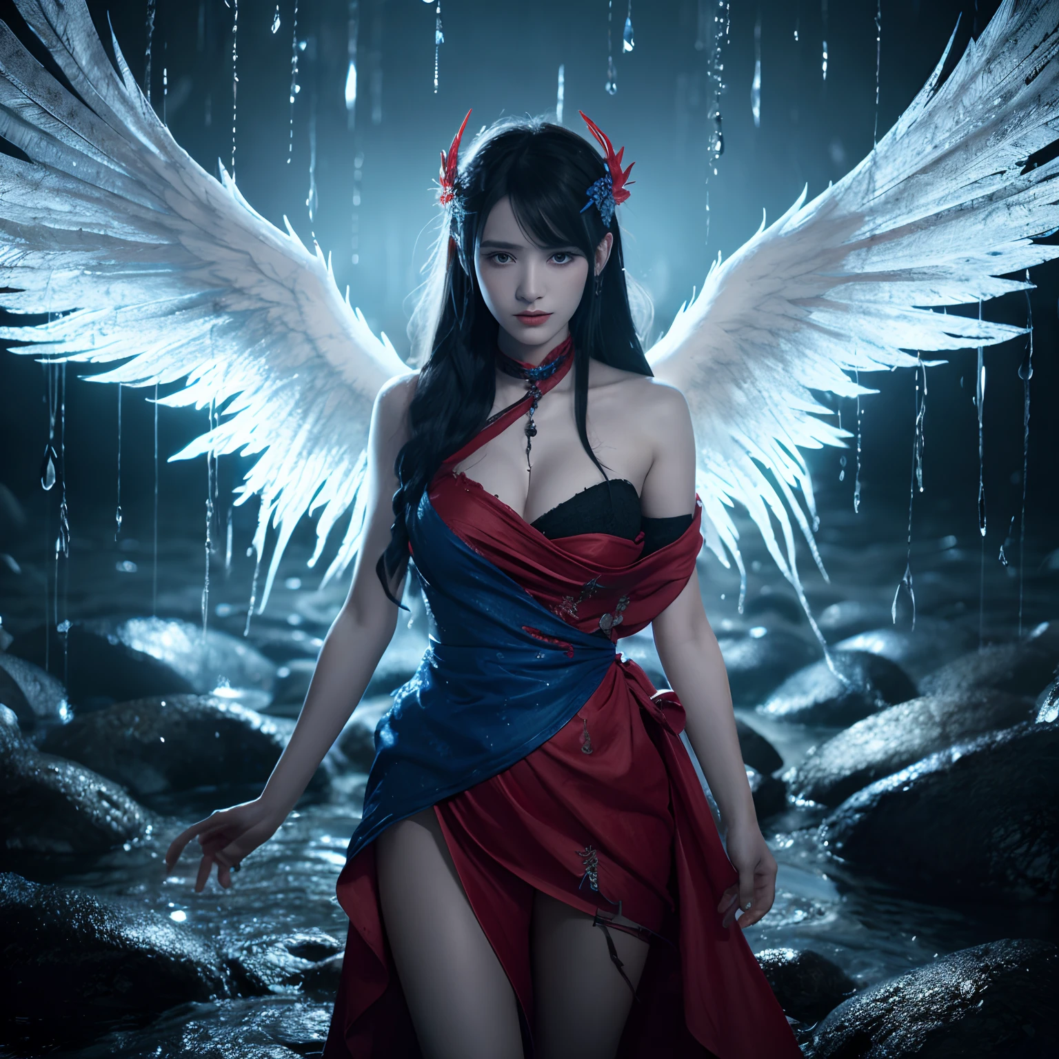 Black and white and blue and red,(Best Quality, Ultra-detailed, High resolution, extremely details CG),Wide Shot,angelicales,She is so beautiful,She likes blood and the sea,Bloody Rain, Mystical,cultist, Convoluted, Surreal,Delicate