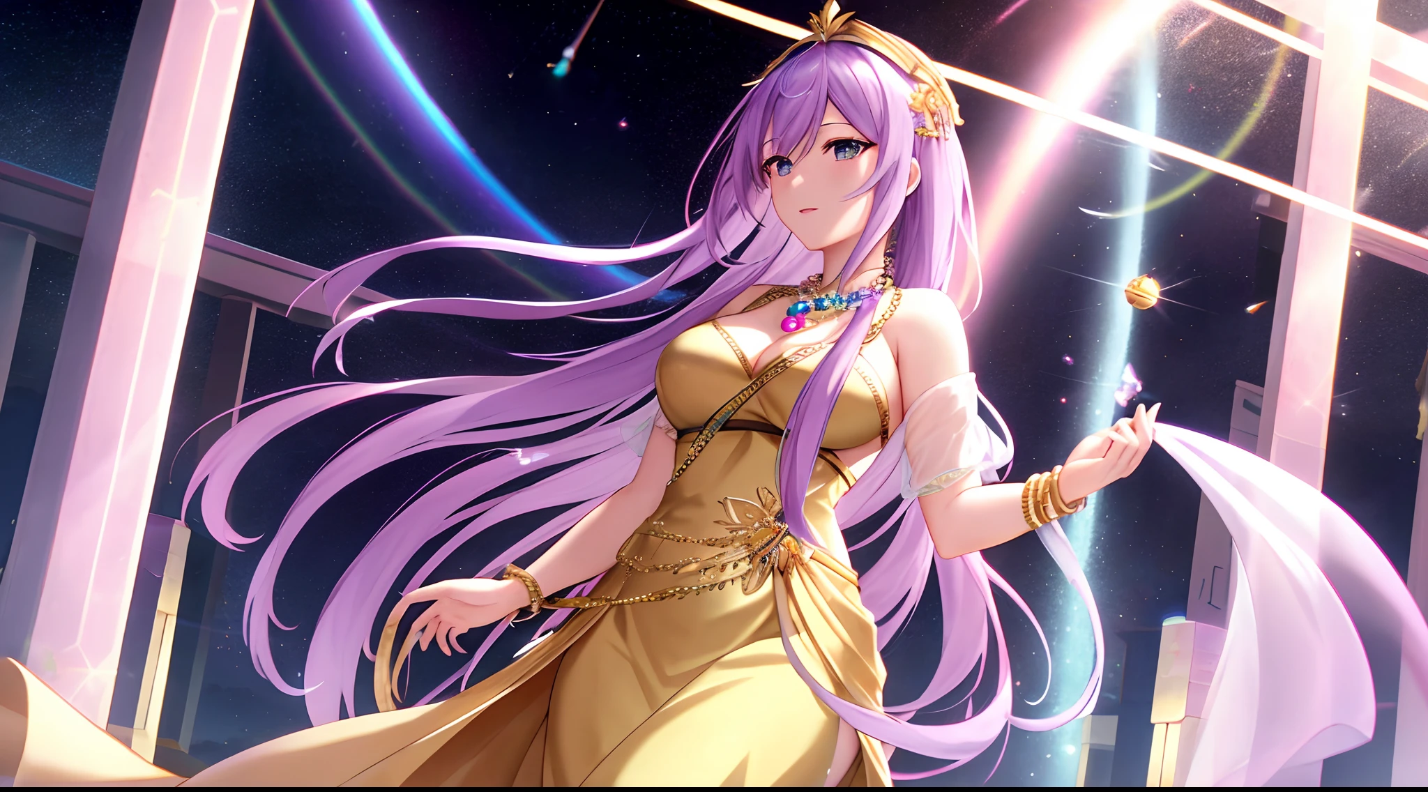 Athena with plain long light purple hair,hair between eyes,green eyes,rosy cheeks,full lips,thin eyebrows,slender body,wearing golden goddess dress and beads and full long skirt,praying beads on neck,beads on neck,cute anime girl,full body,above the rainbow clouds in background,anime style,Lumen Reflections,Screen Space Reflections,Diffraction Grading,Chromatic Aberration,GB Displacement,Scan Lines,Ray Traced,Anti-Aliasing,FXAA,TXAA,RTX,SSAO,Shaders,OpenGL-Shaders, GLSL-Shaders,Post Processing,Post-Production,cell Shading,Tone Mapping,CGI,VFX,SFX,insanely detailed and intricate, 4K,standing, solo, masterpiece, best quality, detailed face, detailed eyes, highres, standing, solo,masterpiece, best quality