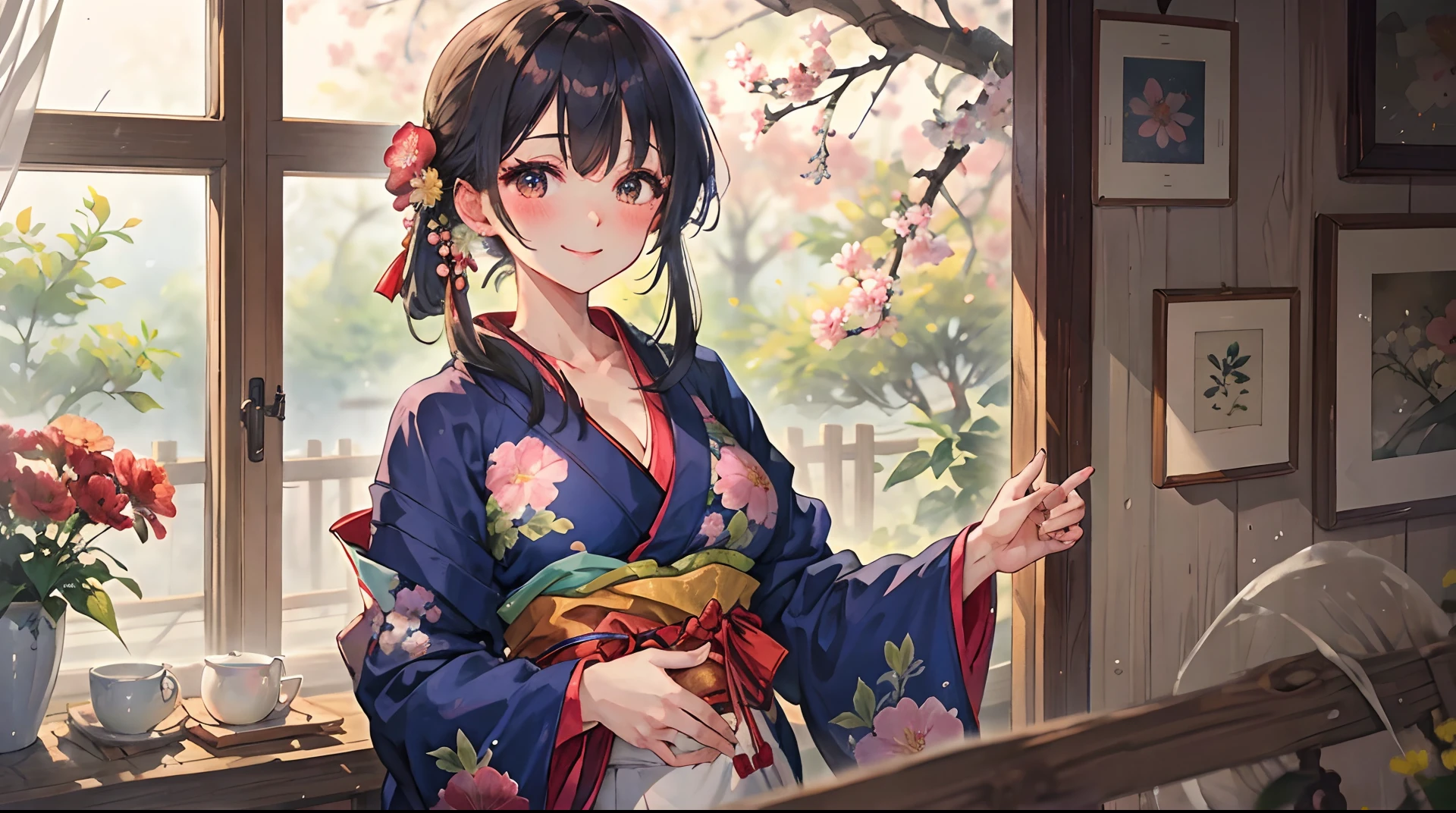 ​masterpiece, top-quality, top-quality,1girl in, solo, common, florals, length hair, hair adornments, kimono, mole, pinafore, with floral pattern, Look at viewers, flower in hair, bangss, bblurry, long-sleeve, Wide sleeves, White apron, large full breasts,(nafw),handpull,pulled by self,Clothes Pulling,Pull the kimono,Blink,Get both breasts out,no-good,cleavage of the breast,selfy,a smile,red blush,cowboy  shot
