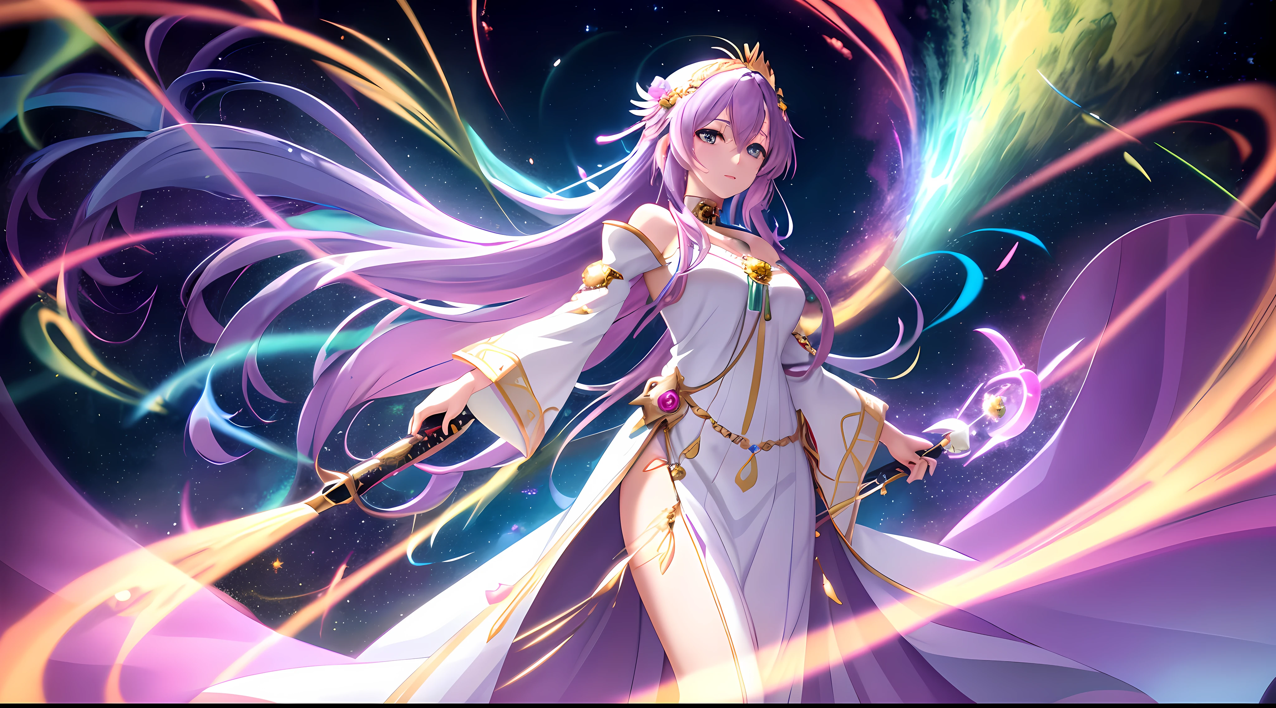 Athena with plain long light purple hair,hair between eyes,green eyes,rosy cheeks,full lips,thin eyebrows,slender body,wearing cosmic-themed tunic with swirling galaxies and full long skirt,praying beads on neck,beads on neck,cute anime girl,full body,cascading waterfalls in background,anime style,Lumen Reflections,Screen Space Reflections,Diffraction Grading,Chromatic Aberration,GB Displacement,Scan Lines,Ray Traced,Anti-Aliasing,FXAA,TXAA,RTX,SSAO,Shaders,OpenGL-Shaders, GLSL-Shaders,Post Processing,Post-Production,cell Shading,Tone Mapping,CGI,VFX,SFX,insanely detailed and intricate, 4K,standing, solo, masterpiece, best quality, detailed face, detailed eyes, highres, standing, solo,masterpiece, best quality