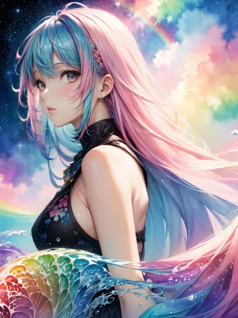 (masterpiece, top quality, best quality,watercolor (medium),official art, beautiful and aesthetic:1.2),(1girl:1.3), (fractal art:1.3),upper body, from side, looking at viewer,patterns,(rainbow color Hair,colorful hair,half blue and half pink hair:1.2),wate...