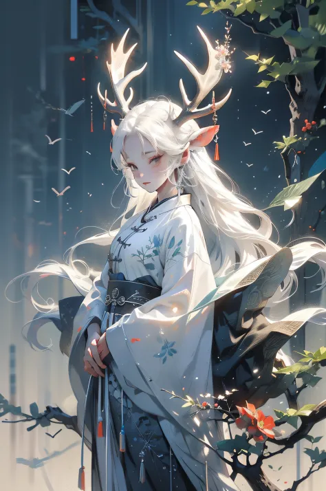 1girll,Chinese clothing,flower,Masterpiece,Best quality,Ultra-detailed,deers,White hair,White clothes,water,Moon,deers,