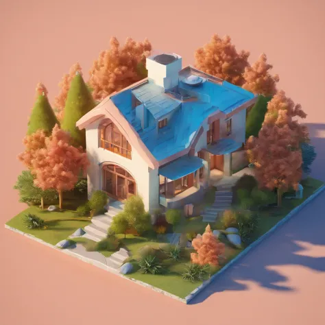 miniature isometric of futuristic house surrounding with trees, 3D rendering, on blue background 00 ,Big fish on top., --s 2