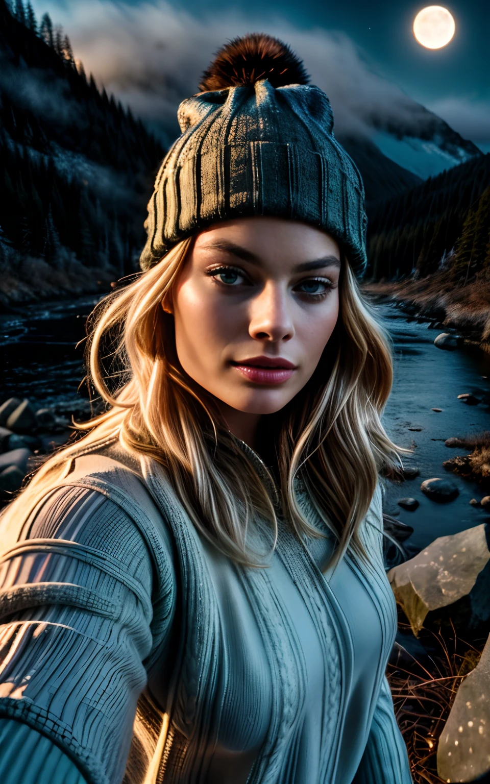 Margot Robbie, photorealistic, best quality, hyper detailed, beautiful woman, selfie photo, upper body, solo, wearing pullover, outdoors, (night), mountains, real life nature, stars, moon, (cheerful, happy), sleeping bag, gloves, sweater, beanie, flashlight, forest, rocks, river, wood, smoke, fog, clear sky, analog style, looking at viewer, skin texture, film grain, close up, ultra high res, best shadow, RAW, instagram LUT