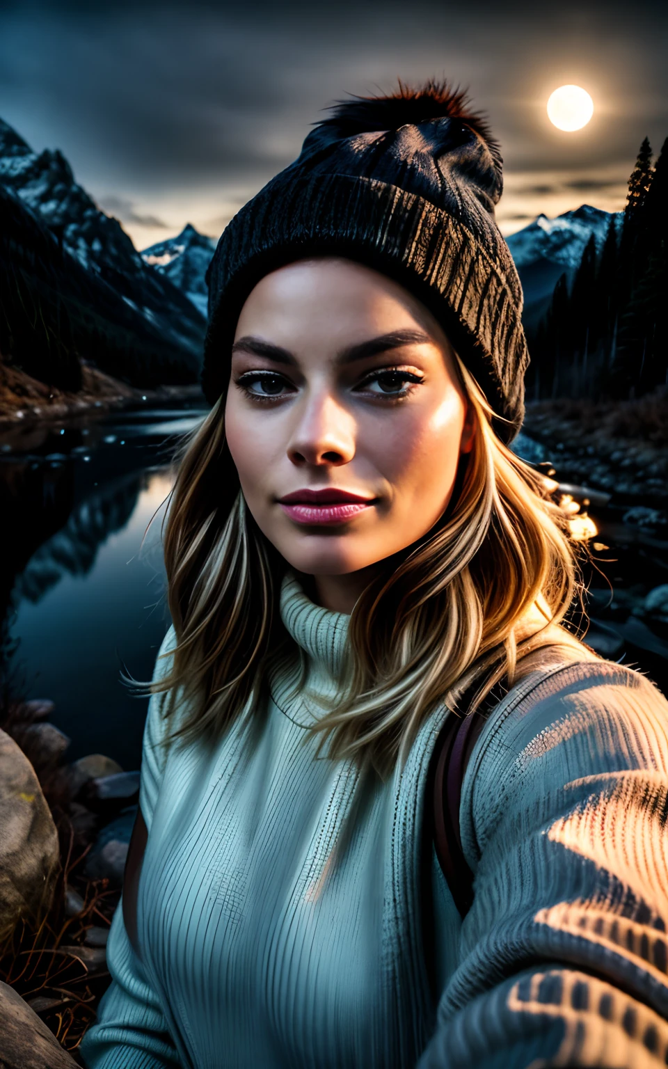 Margot Robbie, photorealistic, best quality, hyper detailed, beautiful woman, selfie photo, upper body, solo, wearing pullover, outdoors, (night), mountains, real life nature, stars, moon, (cheerful, happy), sleeping bag, gloves, sweater, beanie, flashlight, forest, rocks, river, wood, smoke, fog, clear sky, analog style, looking at viewer, skin texture, film grain, close up, ultra high res, best shadow, RAW, instagram LUT