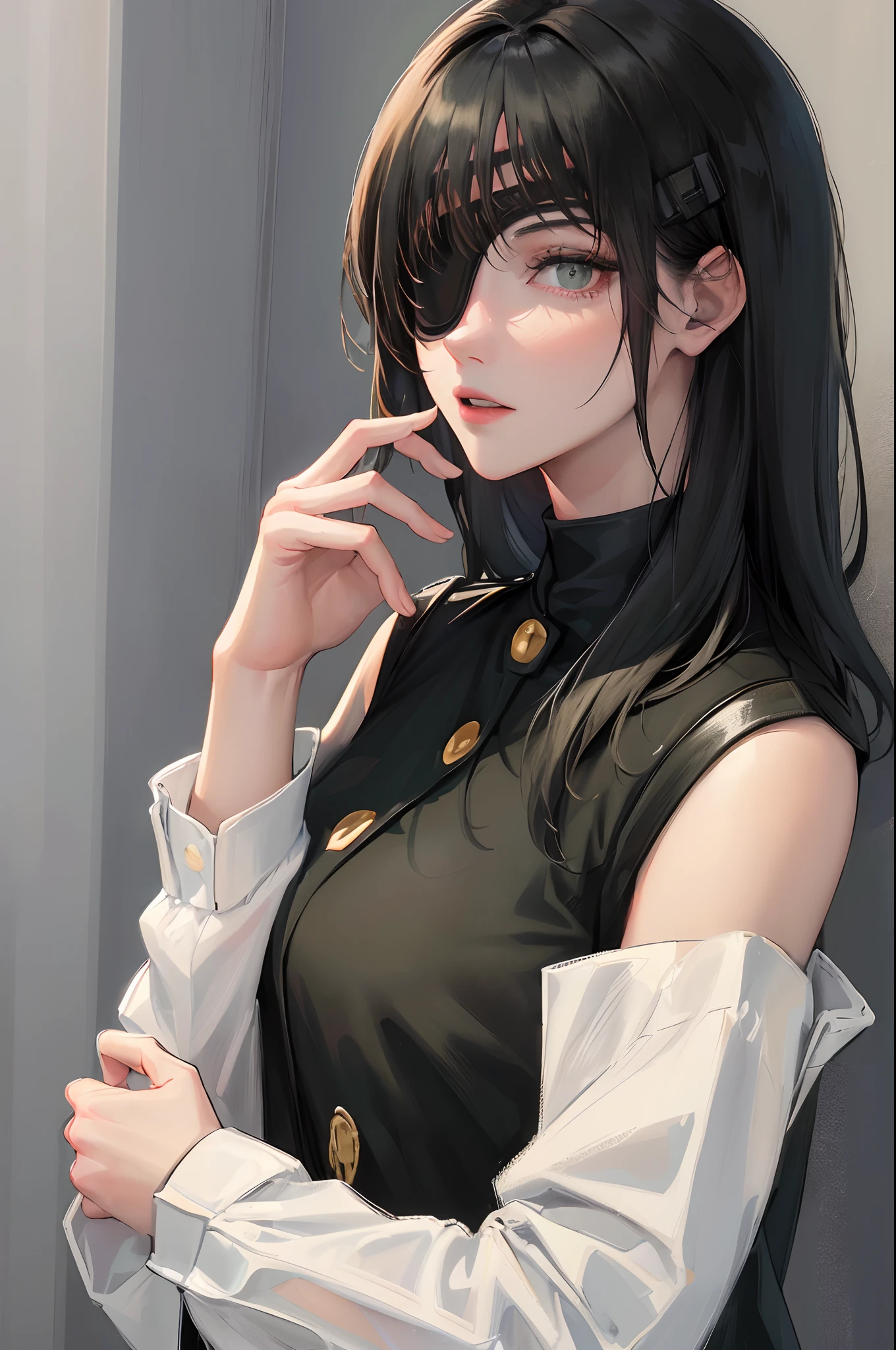 Anime girl with long black hair and a white shirt - SeaArt AI