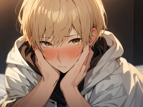 Steppiece, Best Quality, High quality, 1boy, Solo, Male Focus, Looking at Viewer, upper body , Brown eyes, Blonde hair, , Hoodie,hands on own face, blush, Shy,a bed
