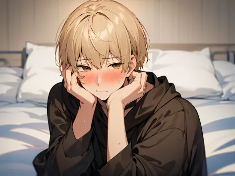 Steppiece, Best Quality, High quality, 1boy, Solo, Male Focus, Looking at Viewer, upper body , Brown eyes, Blonde hair, , Hoodie,hands on own face, blush, Shy,a bed