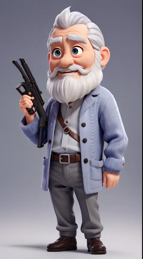 He is a 70-year-old little Japan、Fine beard、silber hair、Blue eyes、Wearing a grey shark costume、Holding a toy gun、tchibi、Mega Mini、Mascot character、