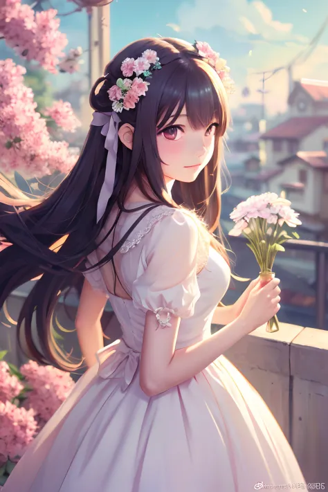 Anime - a girl in style with long hair and flowers in her hair, Cute anime waifu in a nice dress, Beautiful anime girl, cute detailed digital art, Beautiful Anime Portrait, guweiz on pixiv artstation, artwork in the style of guweiz, guweiz on artstation pi...