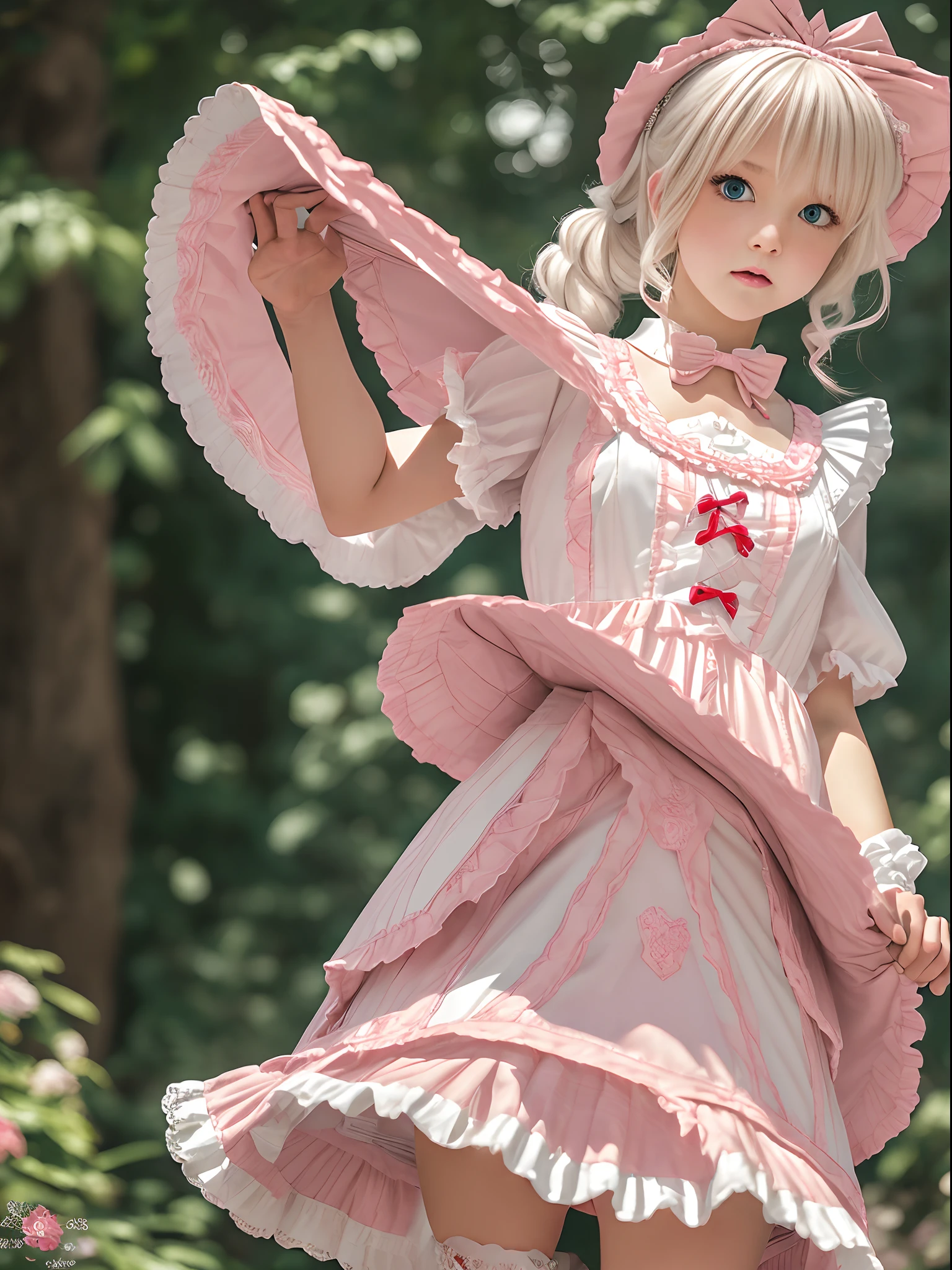 (masutepiece, Best Quality:1.2), 8K, 85 mm, Official art, Raw photo, absurderes, Platinum Blonde Hair, (Blue eyes, Lolita Fashion, sweetlolita, Gothic, Dress:1.2), Idol face, Upper body, Beautiful Girl, gardeniass, Copenhagen, Short sleeve, Elegance, Sophisticated, gardenia, Looking at Viewer, Film grain, chromatic abberation, Sharp Focus, face lights, Dynamic lighting, Cinematic lighting,(( red blush、embarassed expression, Look down in embarrassment:1.2))、(((tucking up the skirt、White panties are visible)))、