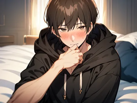Steppiece, Best Quality, High quality, 1boy, Solo, Male Focus, Looking at Viewer, upper body , Eyes Black, A dark-haired, , Hoodie,Hold out your hand to me, blush, Shy,a bed