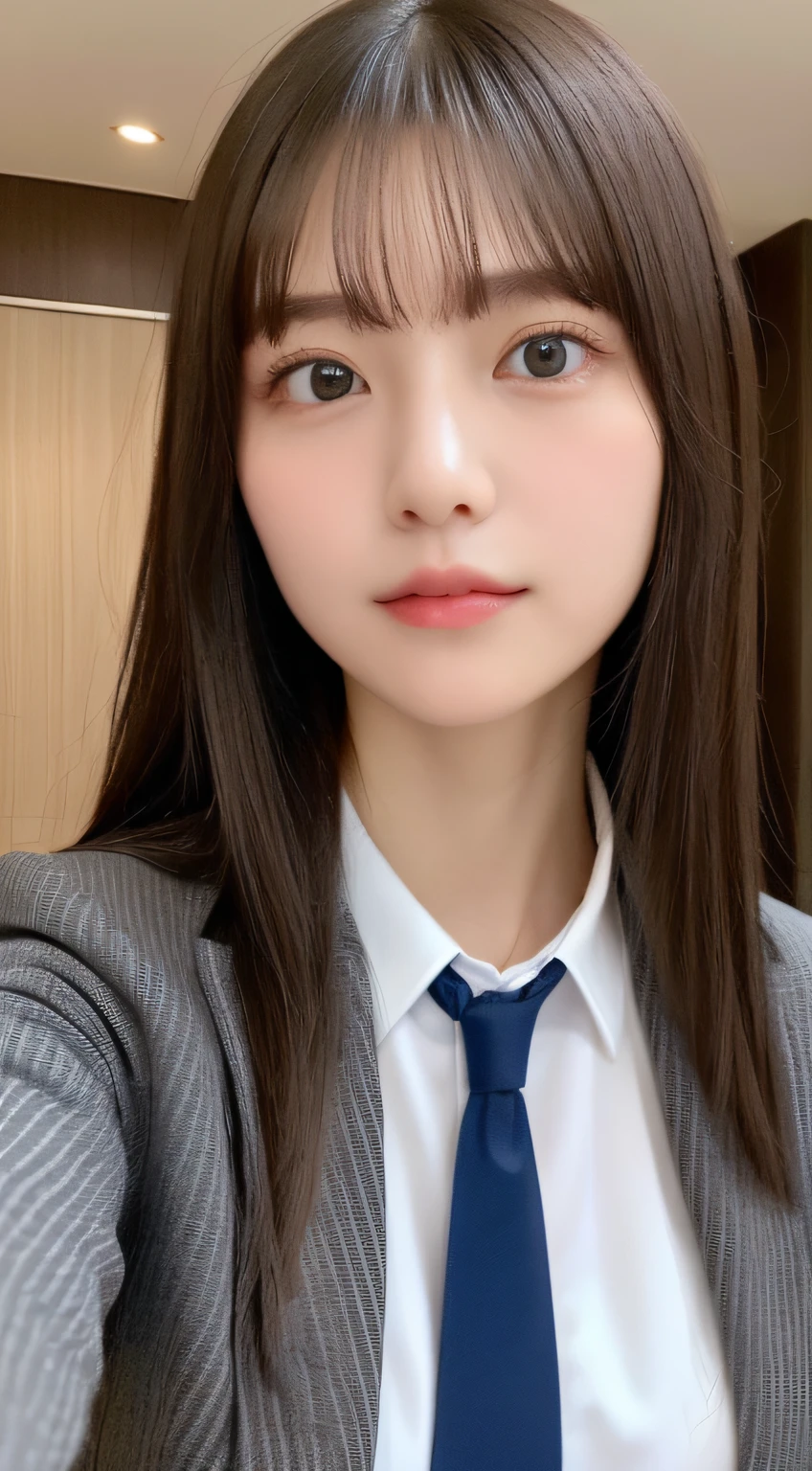 ((top-quality、8K、​masterpiece:1.5))、One girl、(Unhealthy face)、(Letter to)、Blunt bangs、(Lots of bangs:1.4)、(full body Esbian:1.4)、(Symmetrical face)、hyperdetailed face、Ultra detailed mouth、A detailed eye、Detailed ears、Slim Faces、(selfee:1.4)、(off shoulders)、(Armpit)、(Looking Up)、(From  above)、(Straight long hair、Ahoge:1.3)、(Upper Eyes)、the background is blurred、(Recruit Suit、neck tie:1.3)、lipgloss、(hotel entrance)、(natural soft light:1.3)、