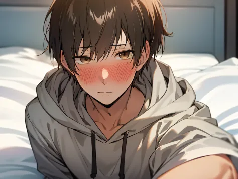 masutepiece, Best Quality, High quality, 1boy, Solo, Male Focus, Looking at Viewer, upper body , Eyes Black, A dark-haired, , Hoodie,、blush, Shy,a bed