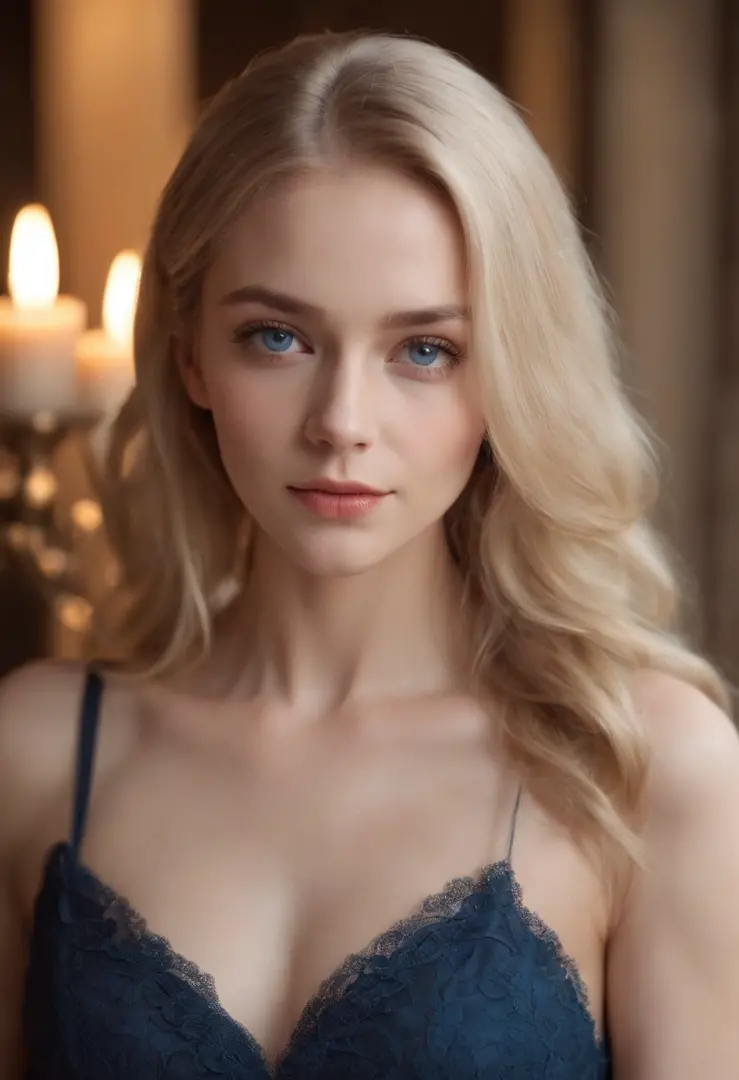 Fair complexion, Female, about 24 years old, Natural Blonde Hair, Distinctive blue eyes, Wearing Kohl, slender and graceful, nice ass, Candles in a medieval setting, ultra sharp focus, realistic shot, Modern Women's Clothing, Notebook colors (scar:1.4)