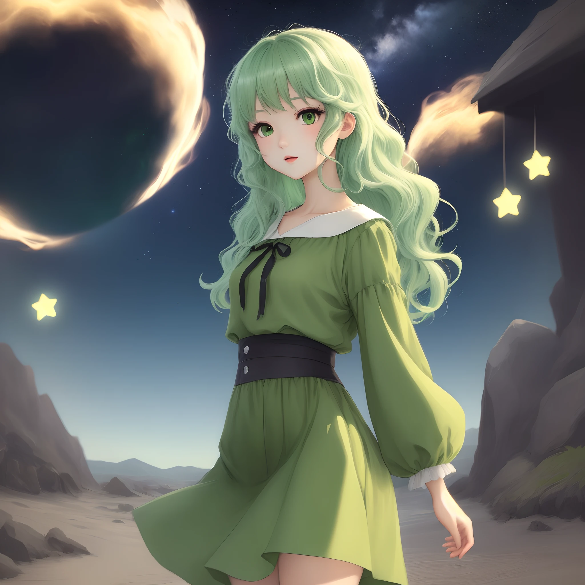 Fille anime ondul e aux cheveux vert clair avec une tenue verte et