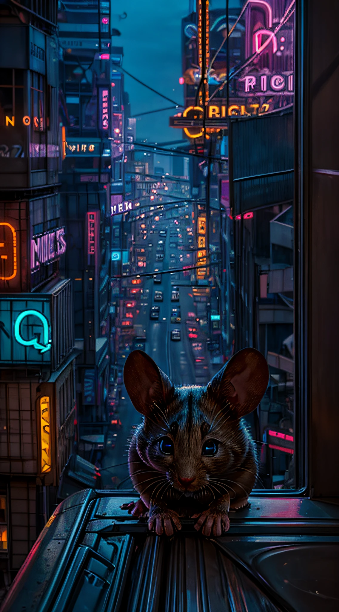 (a curious mouse),(peeking out from a gutter,peeking head from the gutter),(whiskers twitching),(taking in the sights and smells),(bustling city),(vivid colors, real-life details),(high-res),(cityscape),(detailed buildings and streets),(busy pedestrians and vehicles),(neon lights),(night time),(photorealistic),(expressive eyes),(tiny paws),(furry body),(sharp focus),(adventurous),(playful),(inquisitive),(observant)