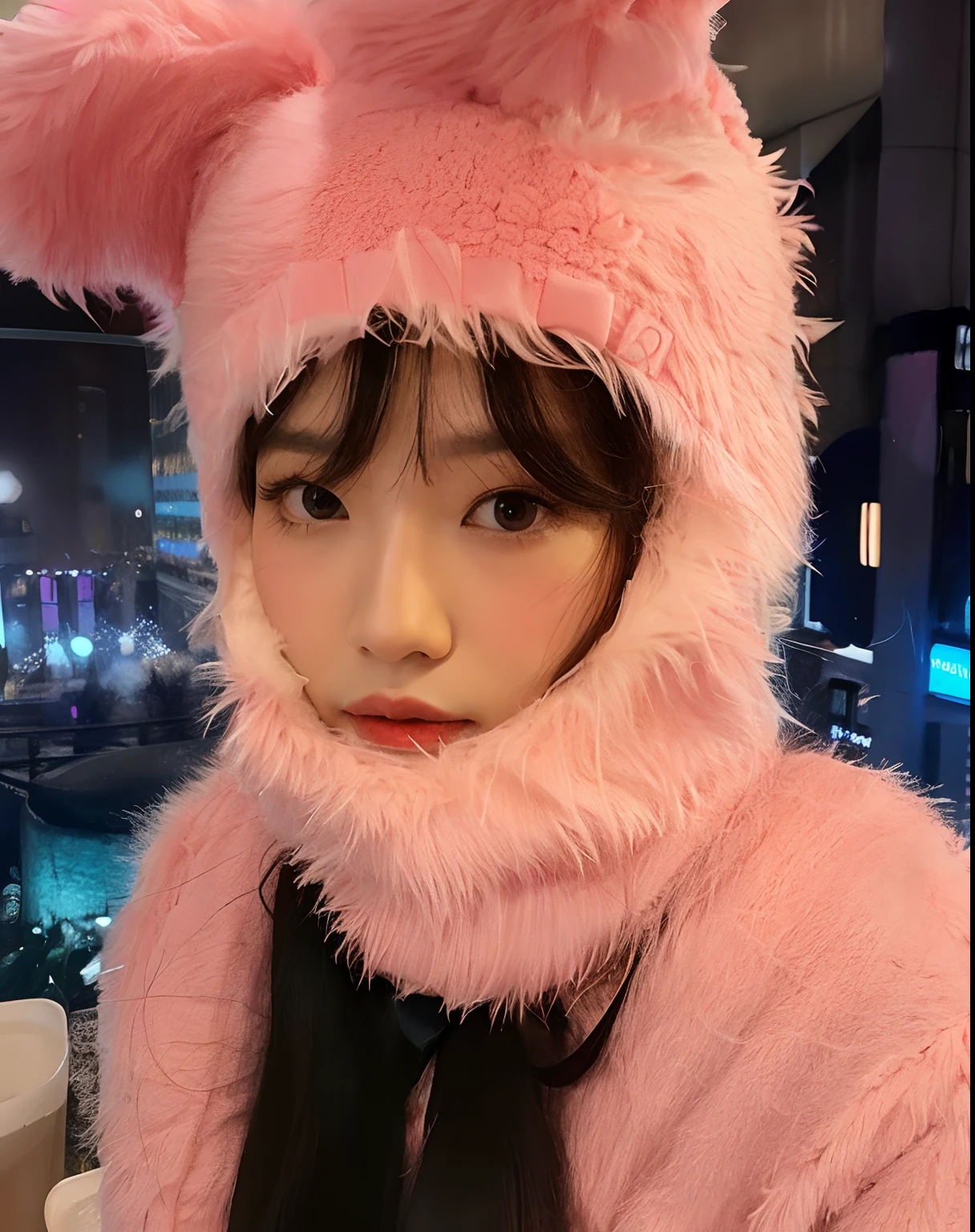 A close up of a person wearing a pink furry hat - SeaArt AI