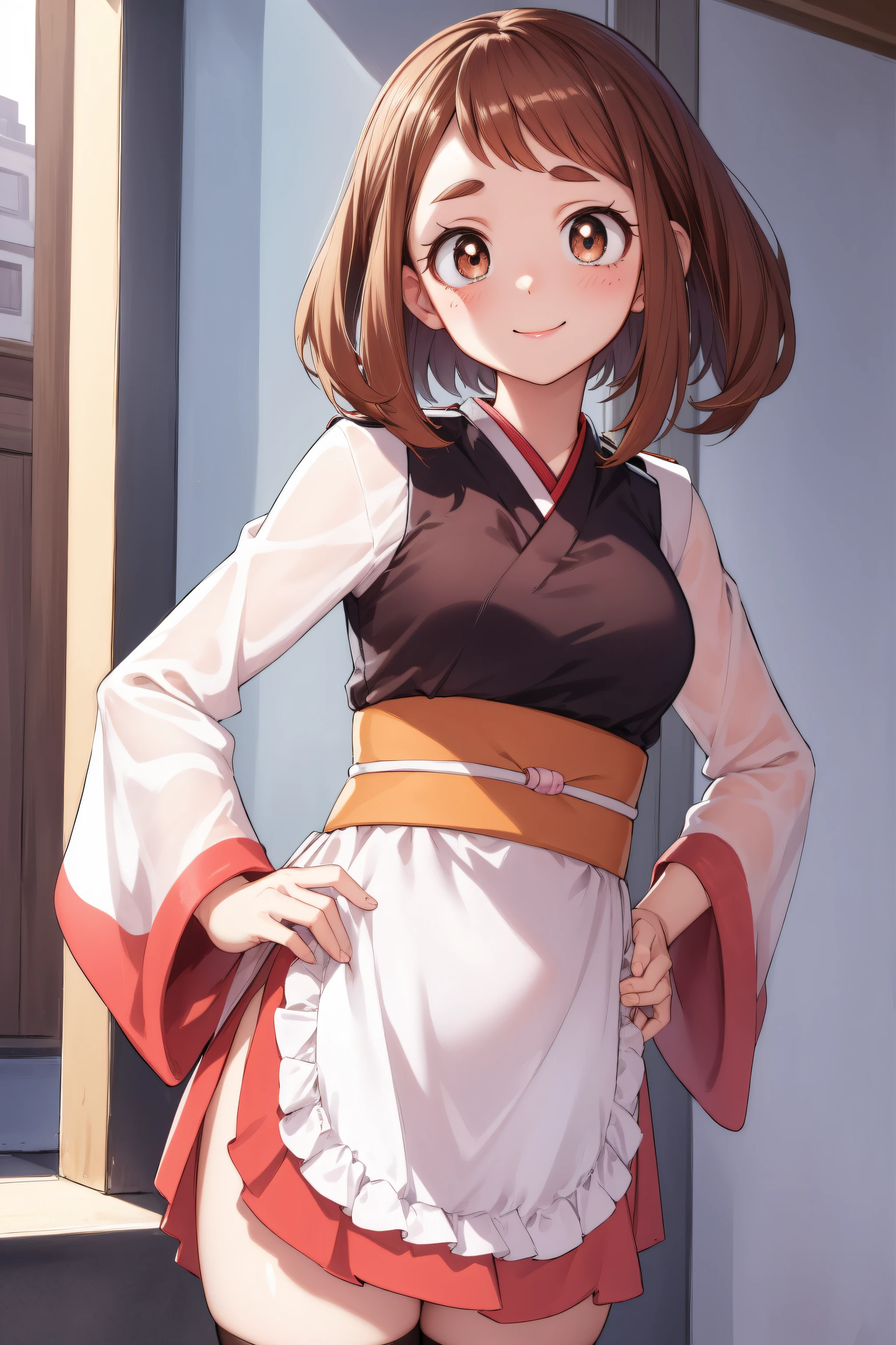 ochakouraraka, ochako uraraka, (uraraka ochako:1.5), (brown eyes:1.5), brown hair, short hair, blush,
BREAK japanese clothes, kimono, apron, red ribbon, waitress, red kimono,
BREAK outdoors, city,
BREAK looking at viewer, cowboy shot,pose, hand on hip,seductive smile,
BREAK NSFW,(masterpiece:1.2), best quality, high resolution, unity 8k wallpaper, (illustration:0.8), (beautiful detailed eyes:1.6), extremely detailed face, perfect lighting, extremely detailed CG, (perfect hands, perfect anatomy),