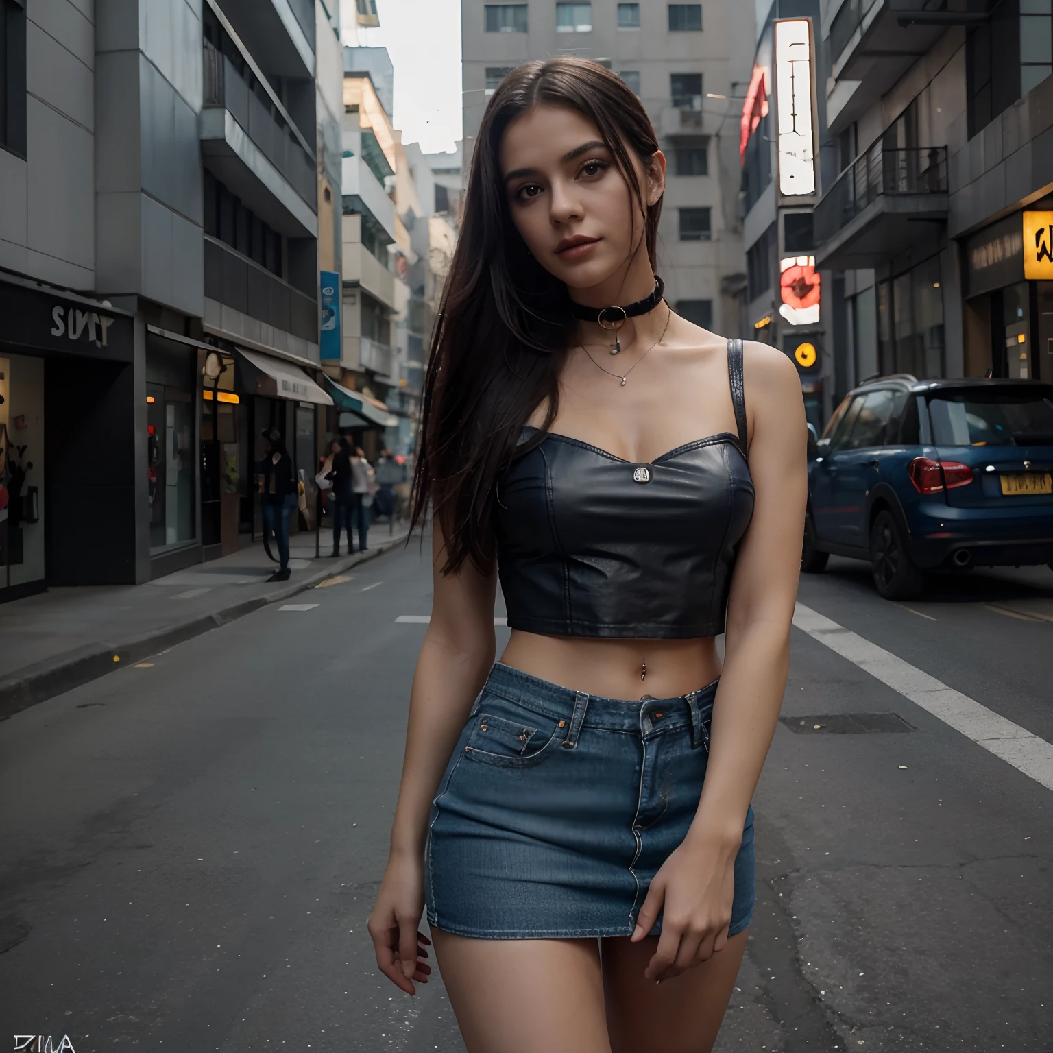 Arafed woman in a leather top and denim skirt standing on a city street -  SeaArt AI