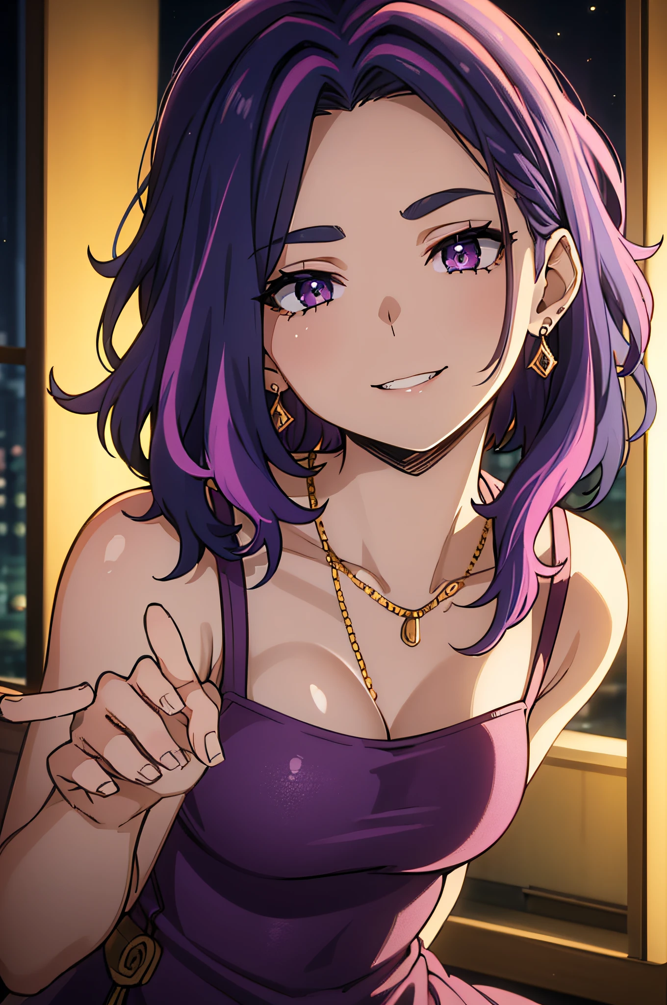 1girl, short hair, purple hair, multicolored hair, purple eyes,best quality, masterpiece, highres, 1girl, transparent silk china dress, beautiful face, hair ornament, looking at viewer, smile, closed mouth,lips, dress,hair ornament, necklace, jewelry, long hair, earrings, Beautiful face,upon_body,photorealistic, dark studio, rim lighting, two tone lighting,(high detailed skin:1.2), 8k uhd, dslr, soft lighting, high quality, volumetric lighting, candid, Photograph, high resolution, 4k, 8k, Bokeh