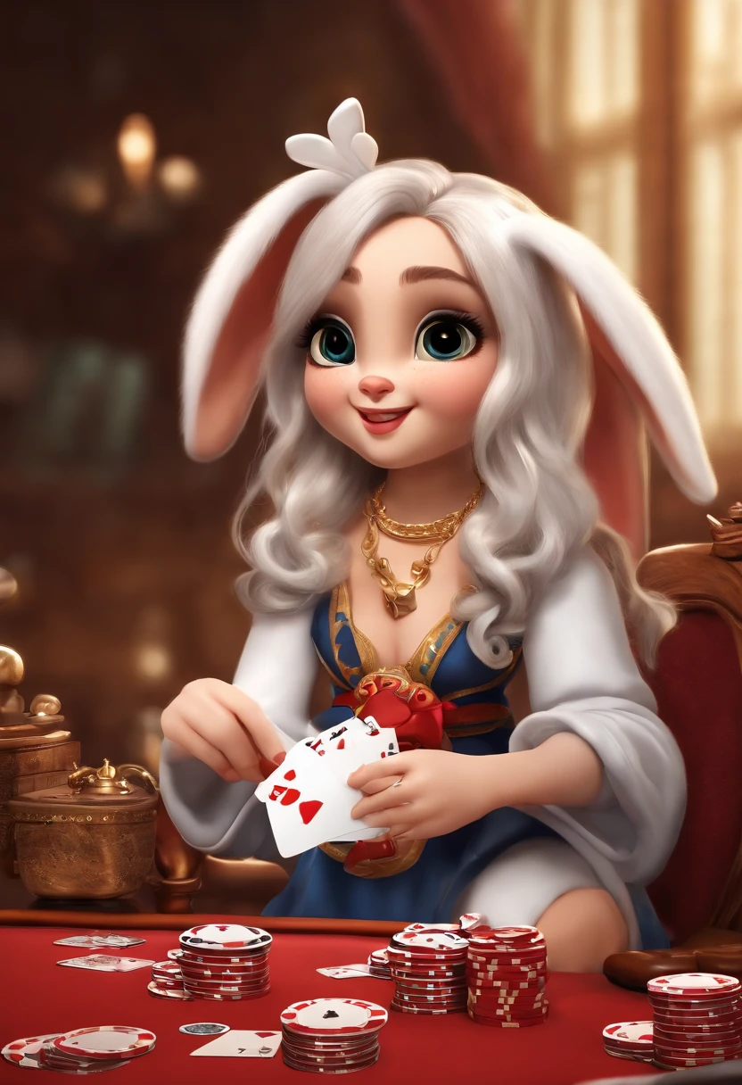 Cartoon Character 1.3)))，(((Four cute bunnies playing poker：1.4)))，He wears  a big gold medal around his neck，The rabbit wears a speckled vest，Denim  shorts on the bottom，Long white hair that floated up，Naughty expression，HD  Real，Black eyes，Flying