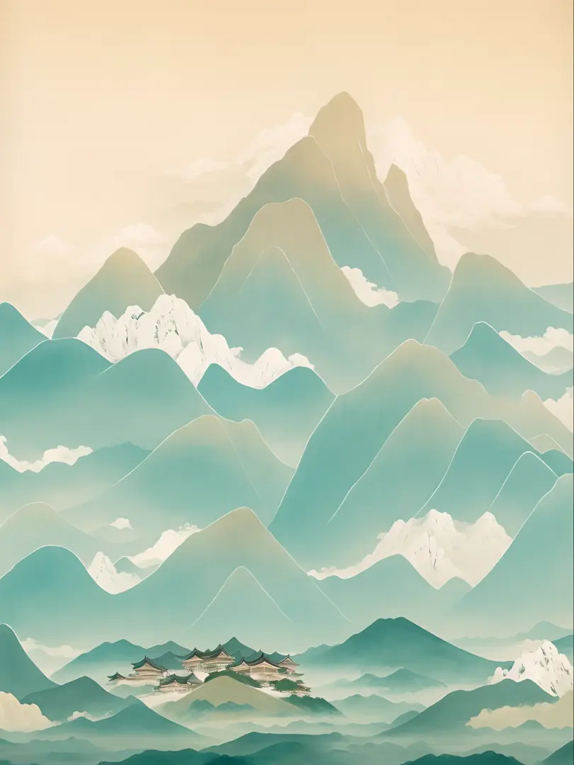 There is a painting of a mountain，There is a house in the middle, detailed scenery —width 672, Chinese painting style, Inspired by Yoshida Hanbei, floating lands in-clouds, Chinese watercolor style, inspired by Shūbun Tenshō, Floating mountains, oriental w...