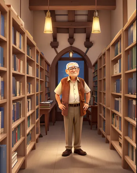 A wise old man standing in front, illuminated by the light of a lamp, contra o pano de fundo de uma biblioteca.