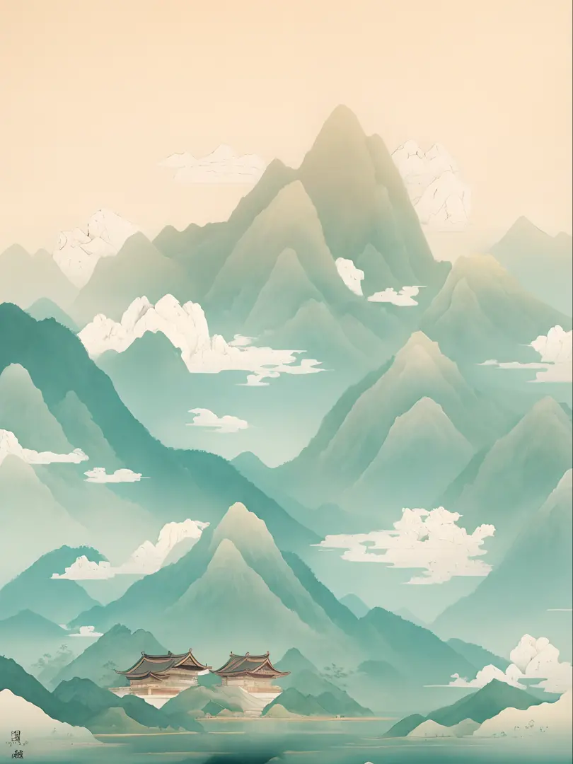 There is a painting of a mountain，There is a house in the middle, detailed scenery —width 672, Chinese painting style, Inspired by Yoshida Hanbei, floating lands in-clouds, Chinese watercolor style, inspired by Shūbun Tenshō, Floating mountains, oriental w...