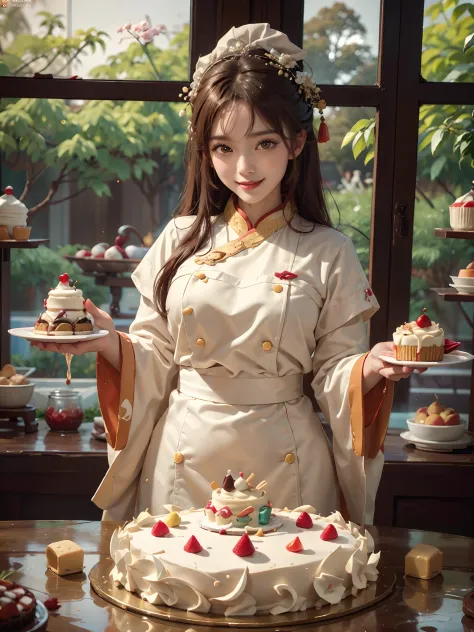 beautiful cake chef girl，double cream cake，the right proportions，hanfu girl，happy laughing，（chinese mythological themes）the frui...