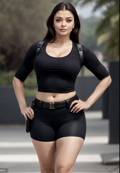 A woman in a black top and jeans shorts posing for a picture - SeaArt AI