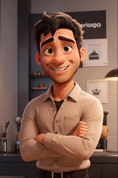 Marcelo Santos, Cartoon in black shirt and black pants, arms crossed, olhando para frente e sorrindo com os dentes aparecendo, cabelo loiro e barba serrada, dentro de uma academia