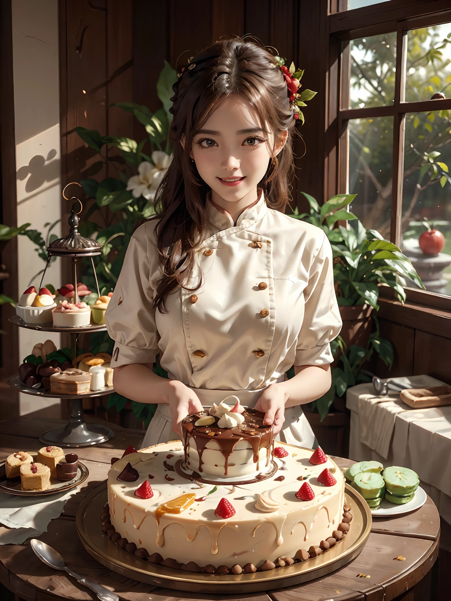 Beautiful cake chef girl，Stand in front of the table, I just made a big cream cake，The cream cake is very detailed and realistic，（（Detailed cakes）），The right proportions，Hanfu girl，happy laughing，（Chinese mythological themes）the fruits , Chocolate chips, Cupcakes, Caramel syrup, apples,warm colored light，Ray traching，Very detailed，Works of masters，cream-colored，Very high pixels，Extremely high pixels，8K, yes，of a real，Realistic，Warm kitchen background，There are laurel trees planted outside the window