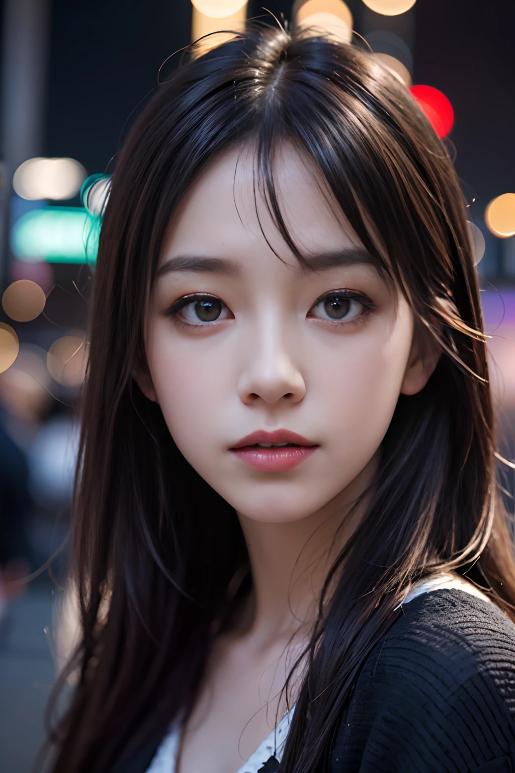 1girl, Tokyo street,night, cityscape,city lights, upper body,close-up, 8k, RAW photo, best quality, masterpiece,realistic, photo-realistic,