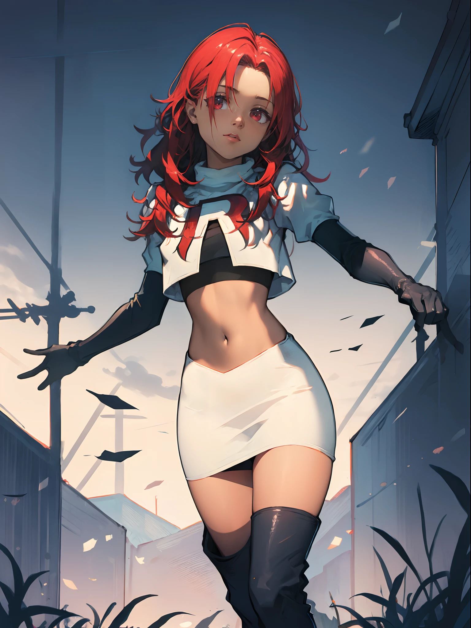 defHapi, team rocket, team rocket uniform, red letter R, white skirt, white crop top, black thigh-high boots, black elbow gloves, looking at viewer