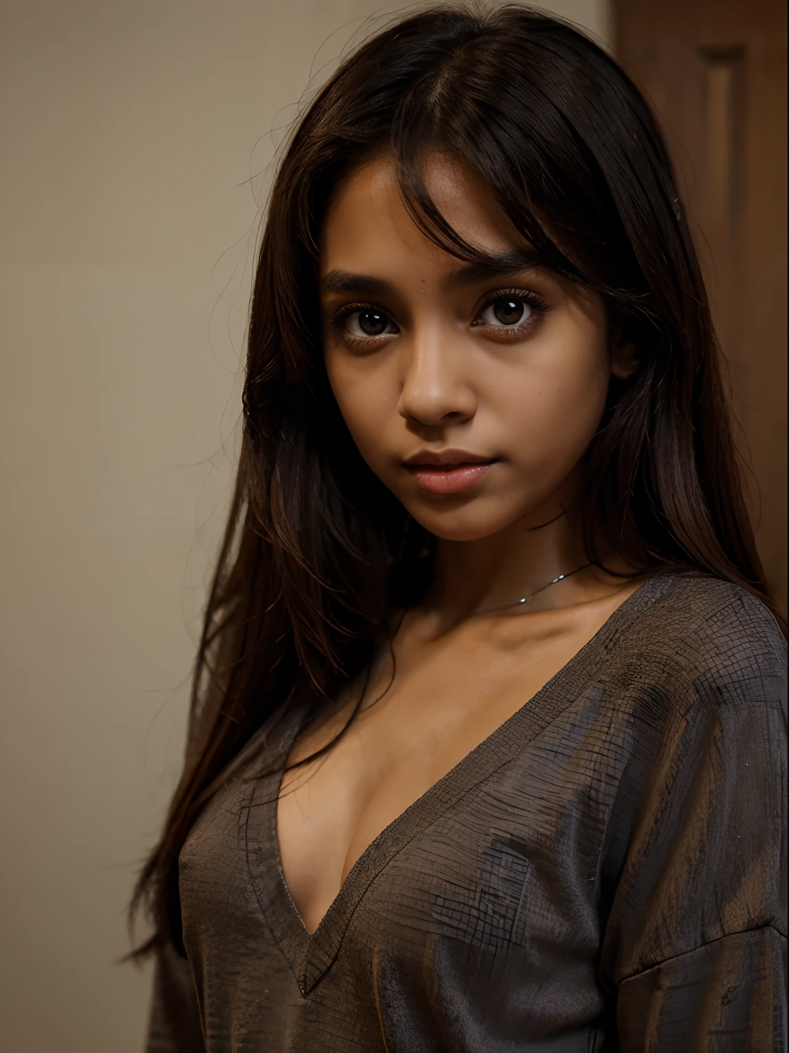 1girl, (flat chest), brown skin, (very small straight nose:1.2), big eyes, seductive, black eyes, clothes