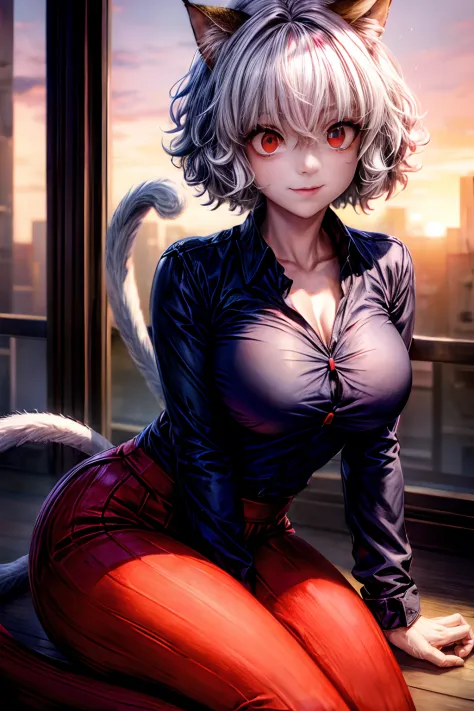 neferpitou, short hair, (red eyes:1.5), animal ears, hair between eyes, tail, white hair, cat ears, cat tail, cat girl, curly ha...