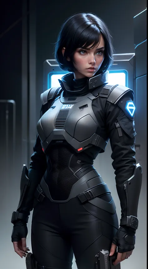 The woman, black  hair, blue glowing eyes, Short haircut bob, Black jacket, bodyarmor, tuck your pants into your boots, stand-up collar, A machine gun in the hands, Half-sideways, Concept art, gray background, in full height