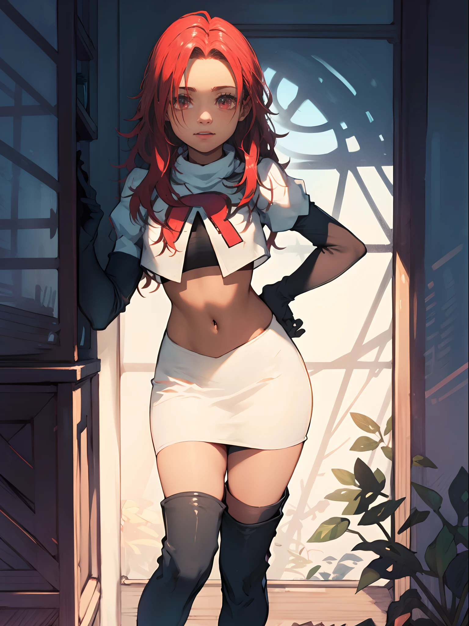 defHapi, team rocket, team rocket uniform, red letter R, white skirt, white crop top, black thigh-high boots, black elbow gloves, looking at viewer