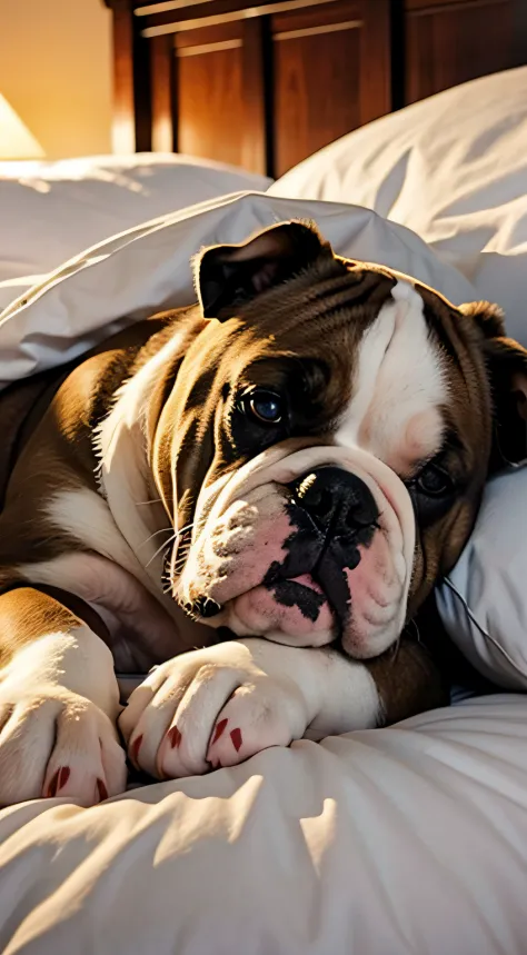 Bulldog sleeping in king bed