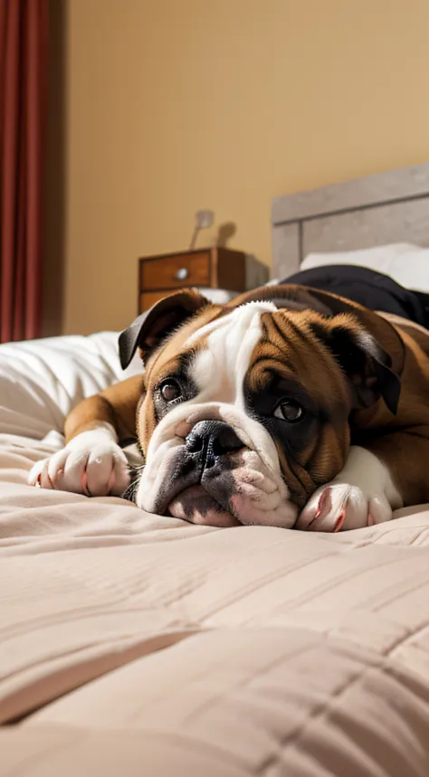 Bulldog sleeping in king bed