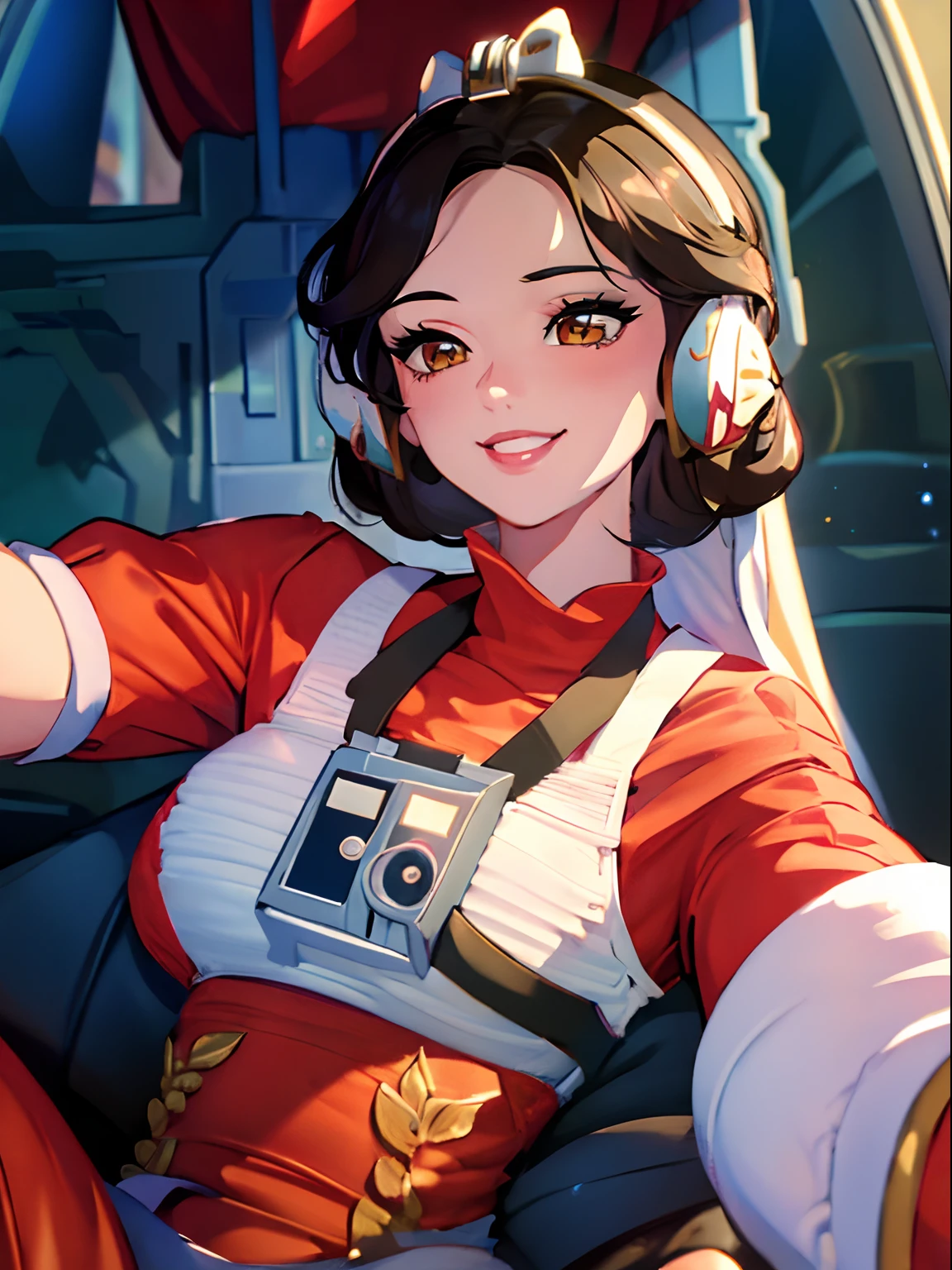 masterpiece, best quality, intricately detailed, a woman, beautiful, elegant, smile, snowwhite, hair bow, disney style, rebel pilot suit, cockpit view