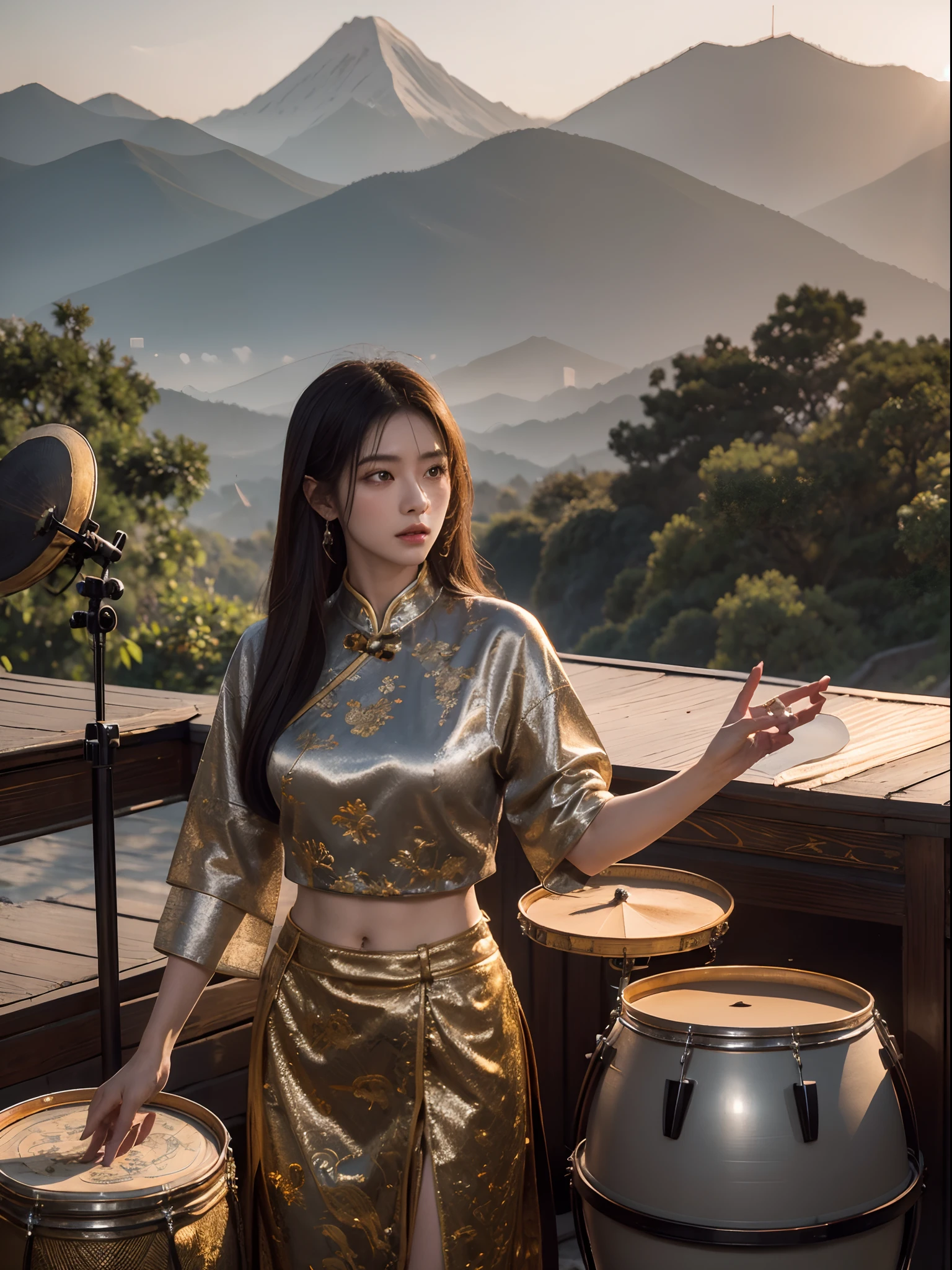 Heroic beauties stand in the sunset and play drums，Chinese drum，mountain in the distance，Silver chinoiserie armor，Detailed pubic hair，Realistic，Ray traching，Very detailed，Works of masters，Very high pixels，Extremely high pixels，8K, yes，of a real