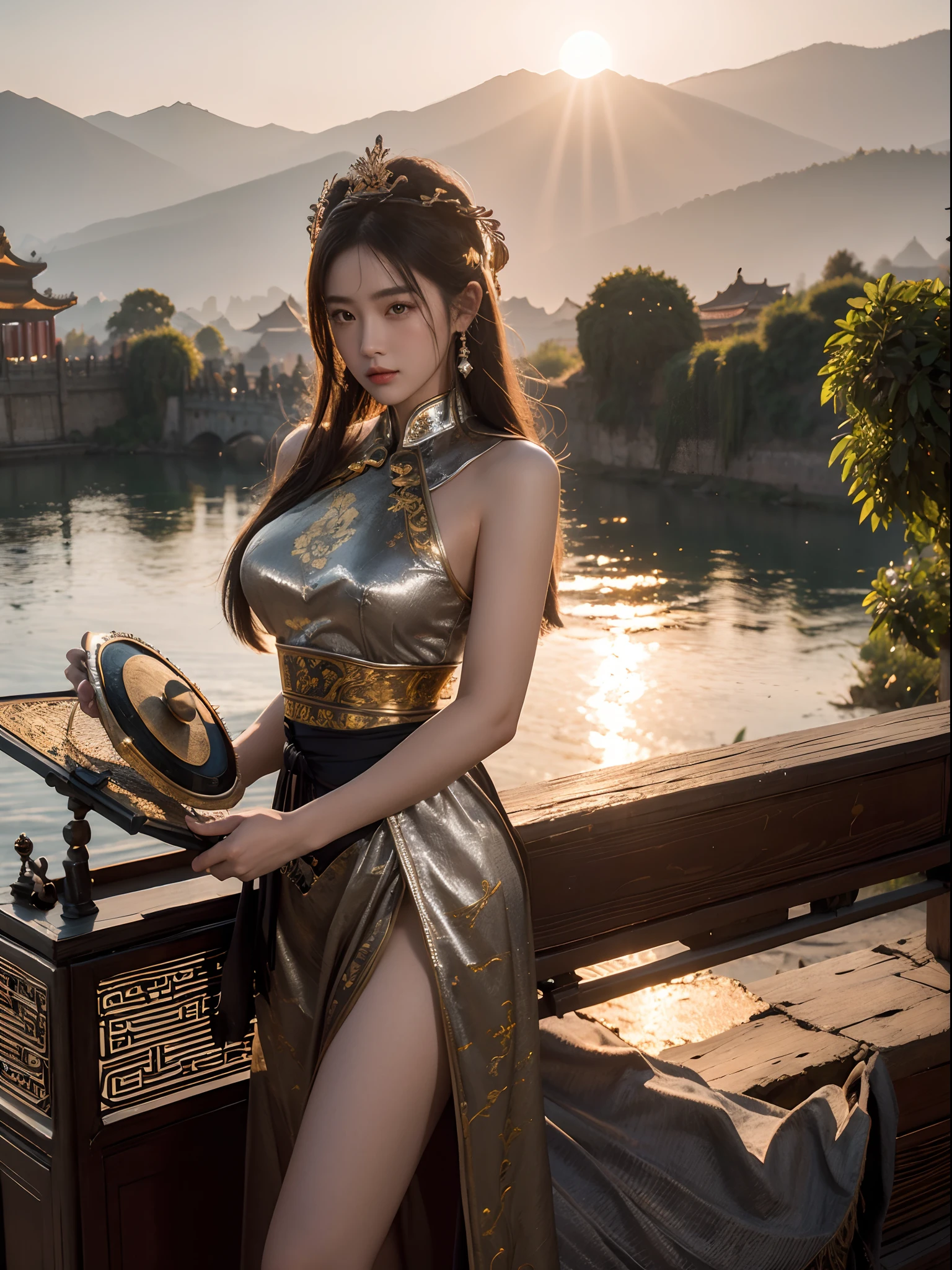 Heroic beauties stand in the sunset and play drums，Chinese drum，mountain in the distance，Silver chinoiserie armor，Detailed pubic hair，Realistic，Ray traching，Very detailed，Works of masters，Very high pixels，Extremely high pixels，8K, yes，of a real