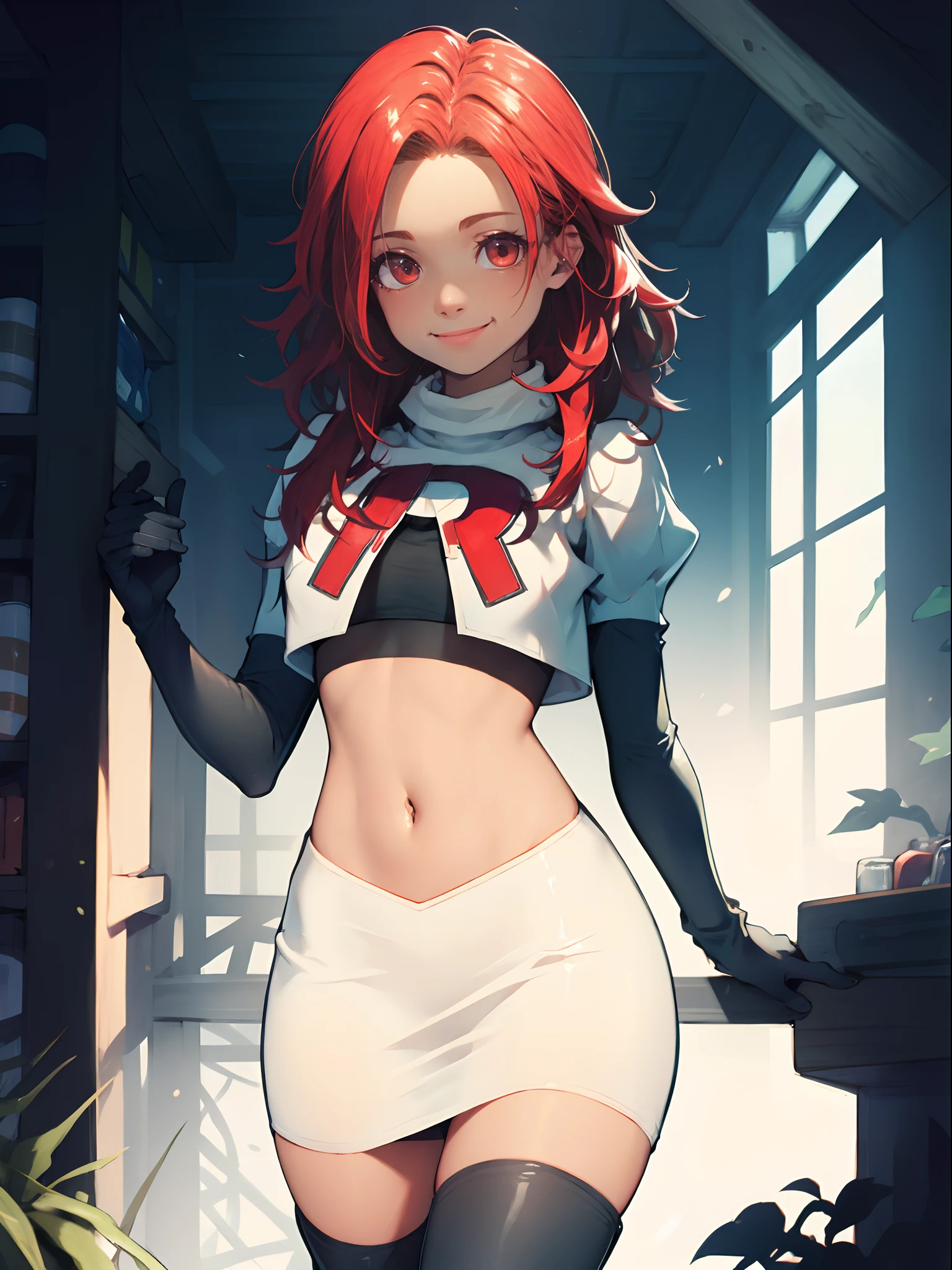 defHapi, team rocket, team rocket uniform, red letter R, white skirt, white crop top, black thigh-high boots, black elbow gloves, looking at viewer, smile