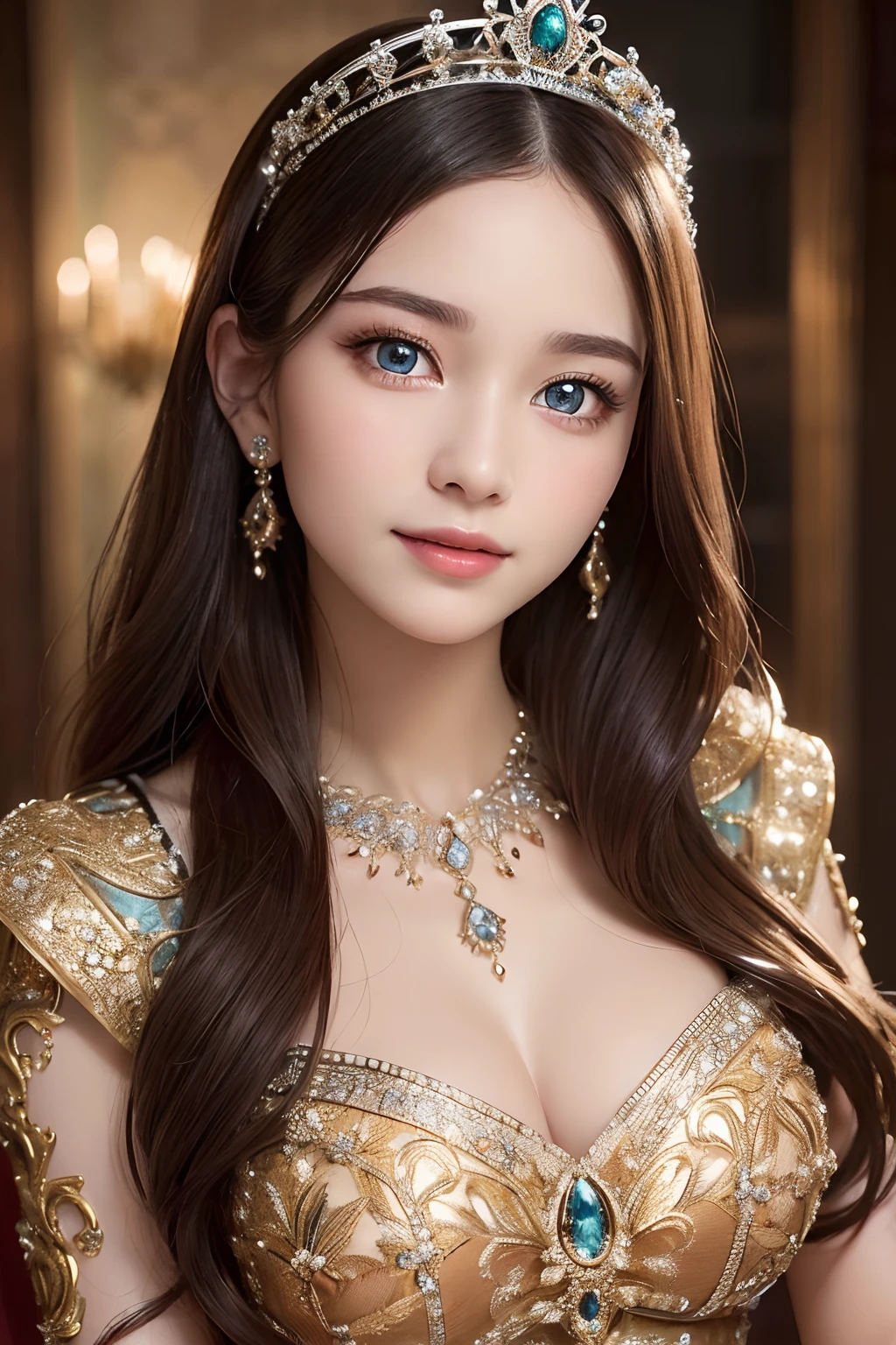 (best quality, 8K, masterpiece)), ultra detailed, sharp focus, ((ultra realistic photo)), 1 beautiful woman, 18yo, elaborate design dress, gorgeous jewery, tiara, highly detailed face and skin texture, ((detailed eyes)), ((beautiful eyes:1.4)), (smile:1.15), (closed mouth), three-quarter length