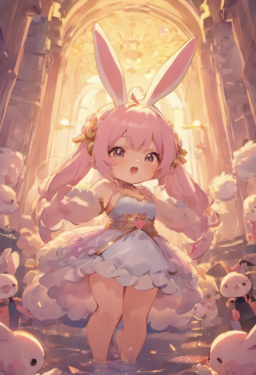 A girl in a bunny costume standing in front of a bunch of stuffed animals -  SeaArt AI